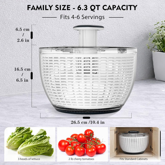 6.3 QT Salad Spinner with Fully Removable Lid, Large Lettuce Dryer with One-Hand Press Pump, Instant Stop Brake Button and Retractable Handle, Vegetable Washer & Spinner for Greens and Herbs