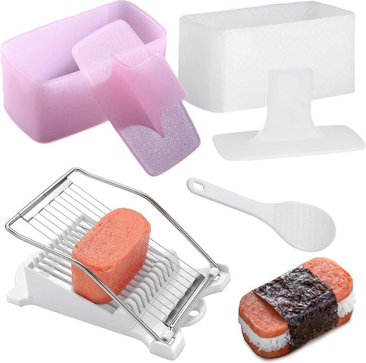 Spam Musubi Mold, 4 Pcs Musubi Maker Kit Spam Slicer Musubi Press Sushi Rice Onigiri Mold Set Egg Cutter for Luncheon Meat Hot Dog Cheese Strawberry Lunch Bento