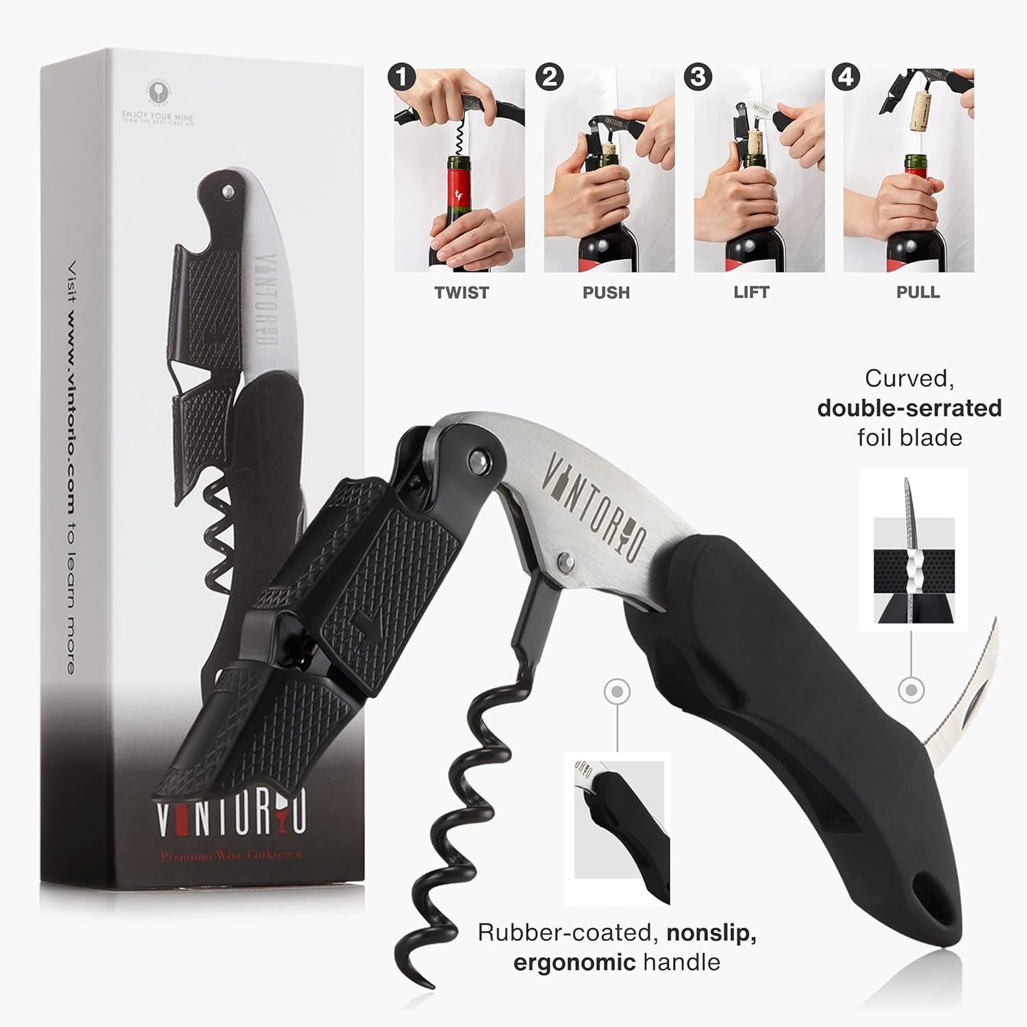 Professional Waiters Corkscrew - Wine Key with Ergonomic Rubber Grip, Beer Bottle Opener and Foil Cutter (1 Pack)