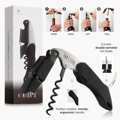 Professional Waiters Corkscrew - Wine Key with Ergonomic Rubber Grip, Beer Bottle Opener and Foil Cutter (1 Pack)