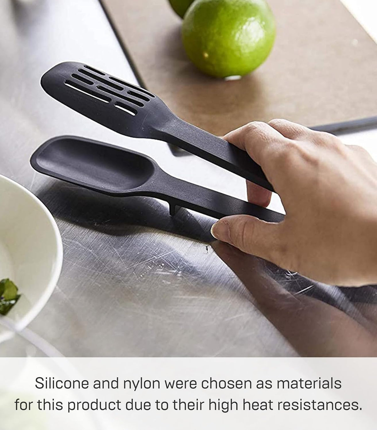 Home Silicone Kitchen Tongs, Silicone, No Assembly Req., Black | Silicone kitchen utensils designed to stay off countertops. Floating design keeps surfaces clean. Durable, easy to clean.
