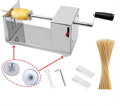 Potato Machine,Suction Cup Type Potato Spiral Slicer,Twisted Potato Slicer Spiral,Manual Tornado Spiral Stainless Steel French Fries Cucumbers Carrots Diy Bbq Cutter,Comes With 50 Bbq Bamboo Skewers.