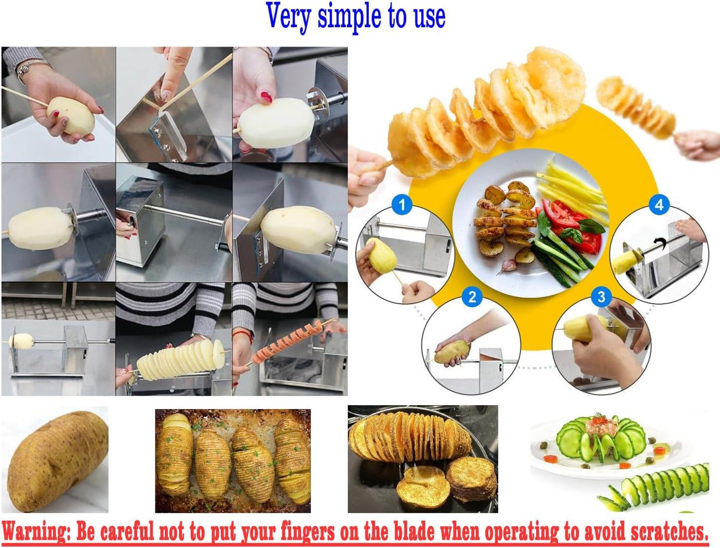 Potato Machine,Suction Cup Type Potato Spiral Slicer,Twisted Potato Slicer Spiral,Manual Tornado Spiral Stainless Steel French Fries Cucumbers Carrots Diy Bbq Cutter,Comes With 50 Bbq Bamboo Skewers.