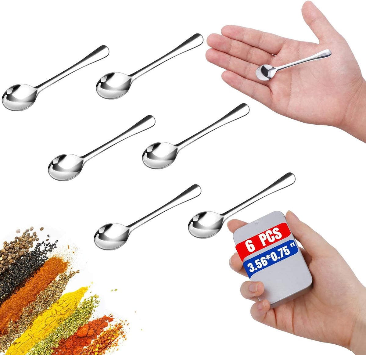 6PCS Tiny Spoons - Mini Stainless Steel Spoons 2.9 inch for Salt Jars Spice Jars, SUS 304 Food Grade Seasoning Spoon for Powder Spices, Pepper, Sugar, Coffee