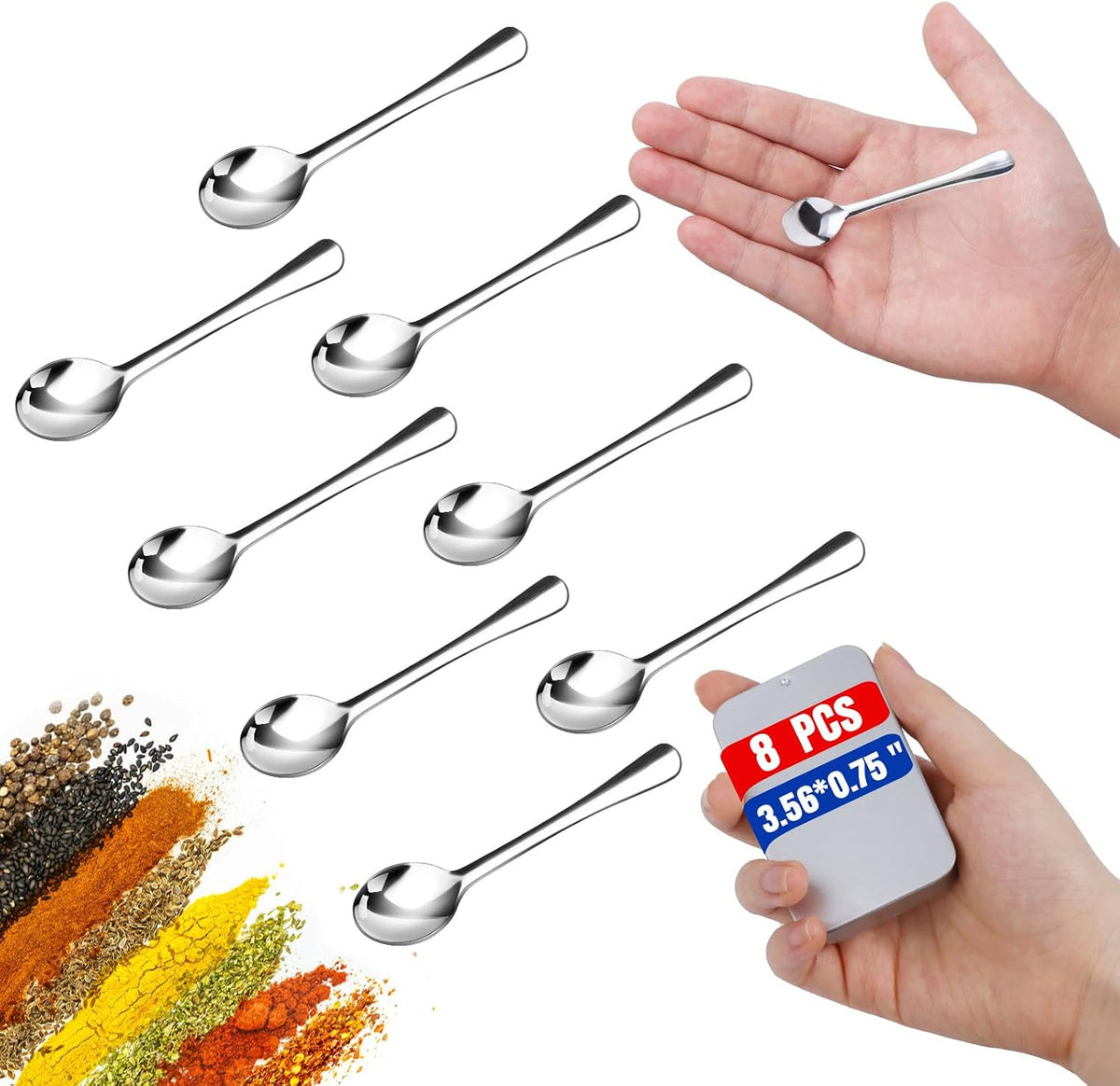6PCS Tiny Spoons - Mini Stainless Steel Spoons 2.9 inch for Salt Jars Spice Jars, SUS 304 Food Grade Seasoning Spoon for Powder Spices, Pepper, Sugar, Coffee