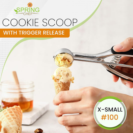 Extra Small Stainless Steel Melon Baller Scoop, #100, Black | Mini Cookie Scoop for Baking with Trigger Release, Watermelon Scooper, 0.6 Tablespoon (Tbsp), Fruit Scooper and Baller