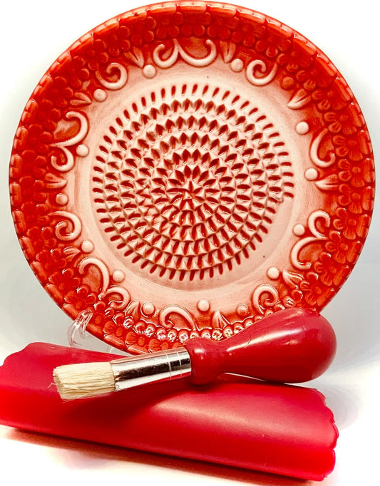 Premium Ceramic Garlic Grater Plate Set - Red Embossed | Includes 5.25" Plate, Peeler, Brush, and Stand - For Strawberries, Ginger, Chocolate, Cheese, and more - Make your own puree!