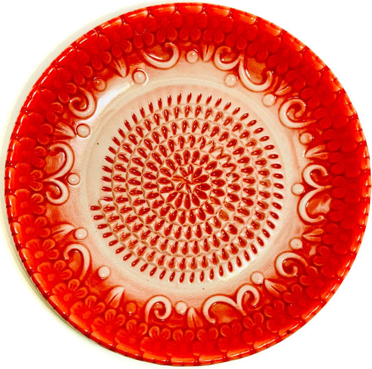 Premium Ceramic Garlic Grater Plate Set - Red Embossed | Includes 5.25" Plate, Peeler, Brush, and Stand - For Strawberries, Ginger, Chocolate, Cheese, and more - Make your own puree!