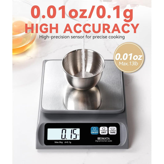 0.1g High Precision Food Scale, Kitchen Scale with Removable Pan | 13lb, Stainless Steel Pan, Backlit LCD Display, Digital Scale for Cooking, Baking B621 Grey