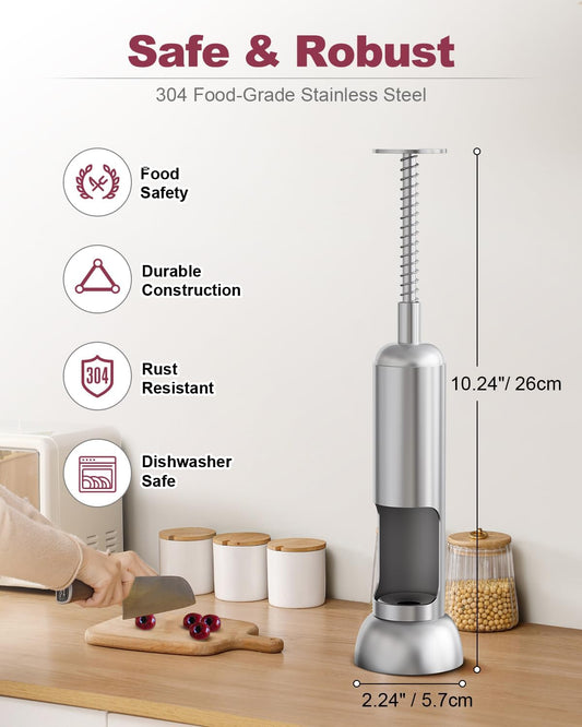 Cherry Pitter, 304 Stainless Steel Cherry Pit Remover and Corer for Large & Small Cherries, Heavy Duty, Dishwasher-Safe, Time-Saving, Effortless to Use Cherry Stoner (Press-Type)