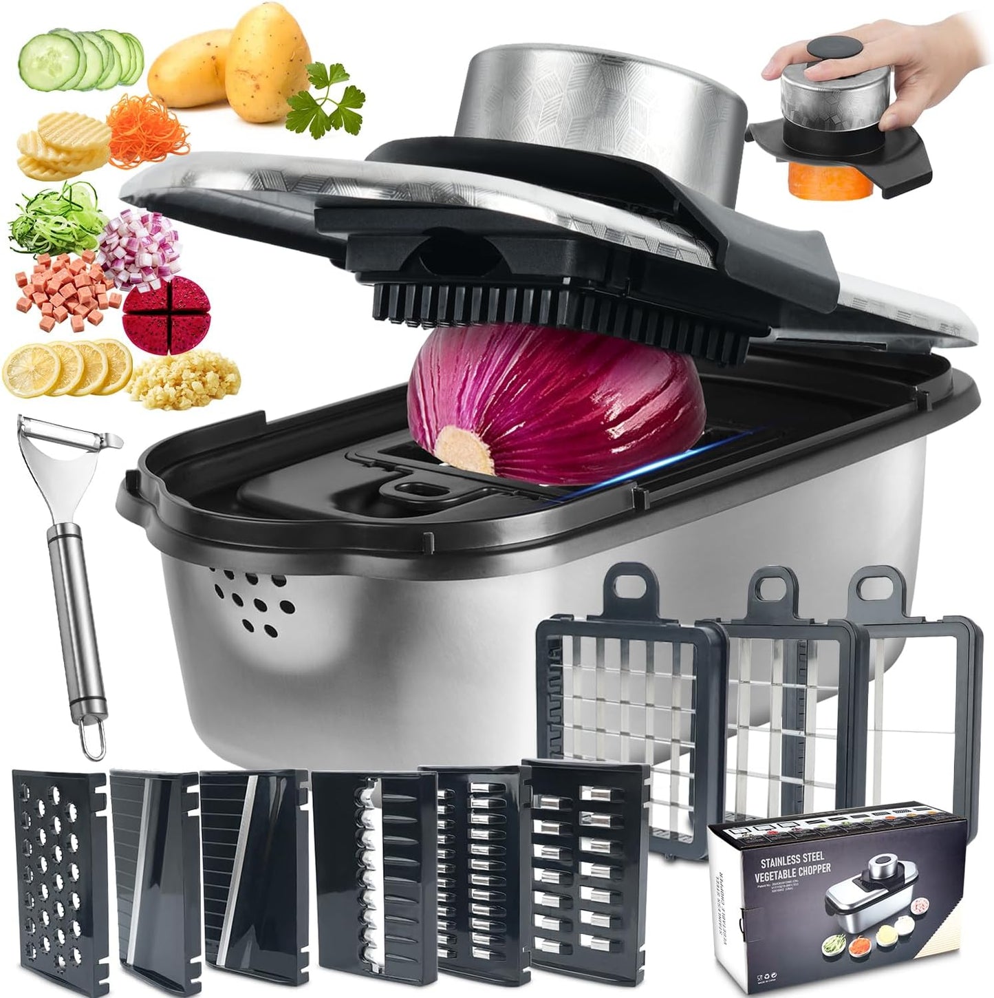 Stainless Steel Vegetable Chopper, 9 Blade Multi Veggie Chopper with Container, Food Cutter Chopper& Grater Mandoline Slicer, Kitchen Tools Gadgets, Onion Slicer, Mincer, Dicer, French Fry Cutter
