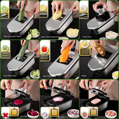 Stainless Steel Vegetable Chopper, 9 Blade Multi Veggie Chopper with Container, Food Cutter Chopper& Grater Mandoline Slicer, Kitchen Tools Gadgets, Onion Slicer, Mincer, Dicer, French Fry Cutter