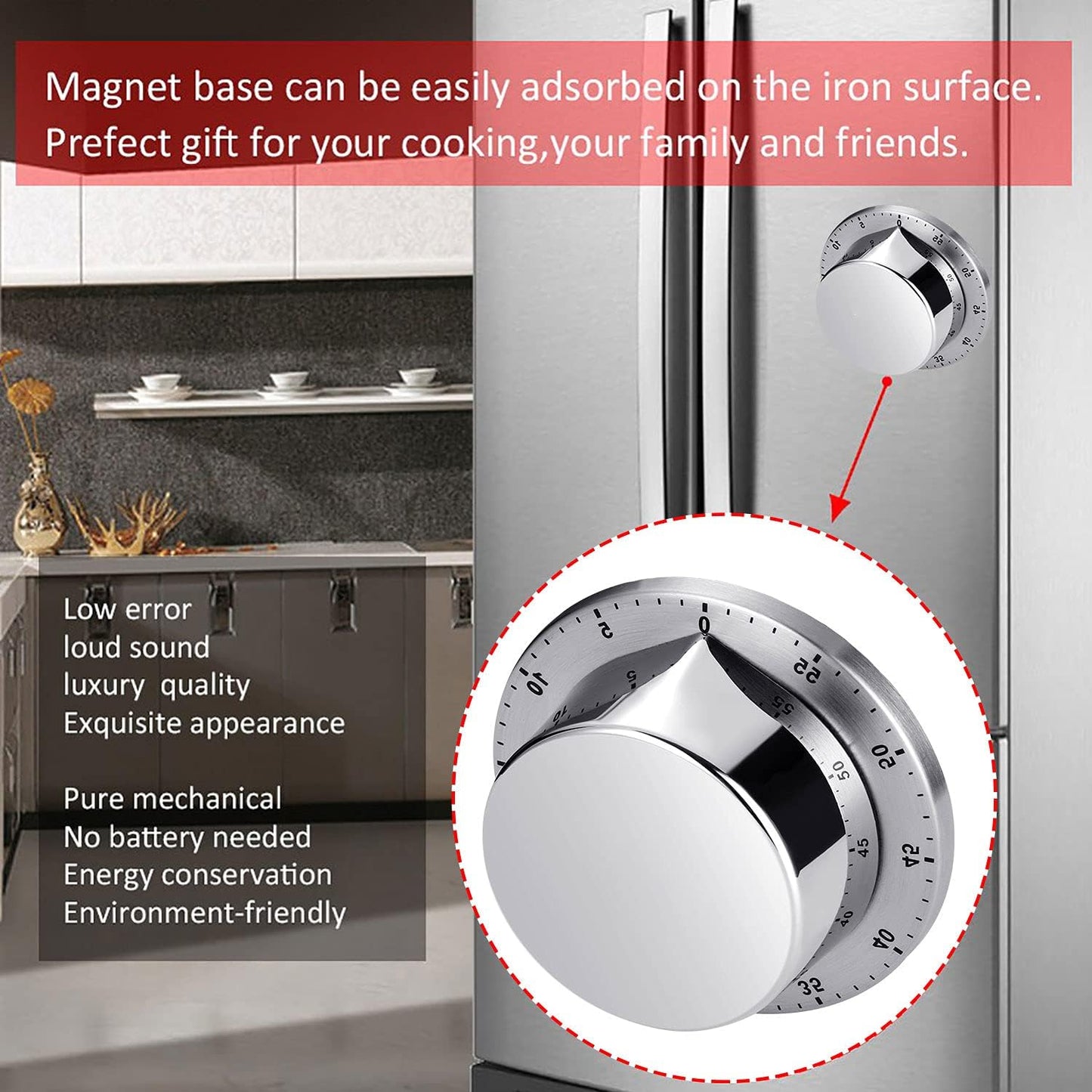 Kitchen Timer, Chef Cooking Timer Clock with Loud Alarm, No Batteries Required, 100% Mechanical - Magnetic Backing, Exquisite Stainless Steel Body - Countdown Reminder - Silver 1Pack