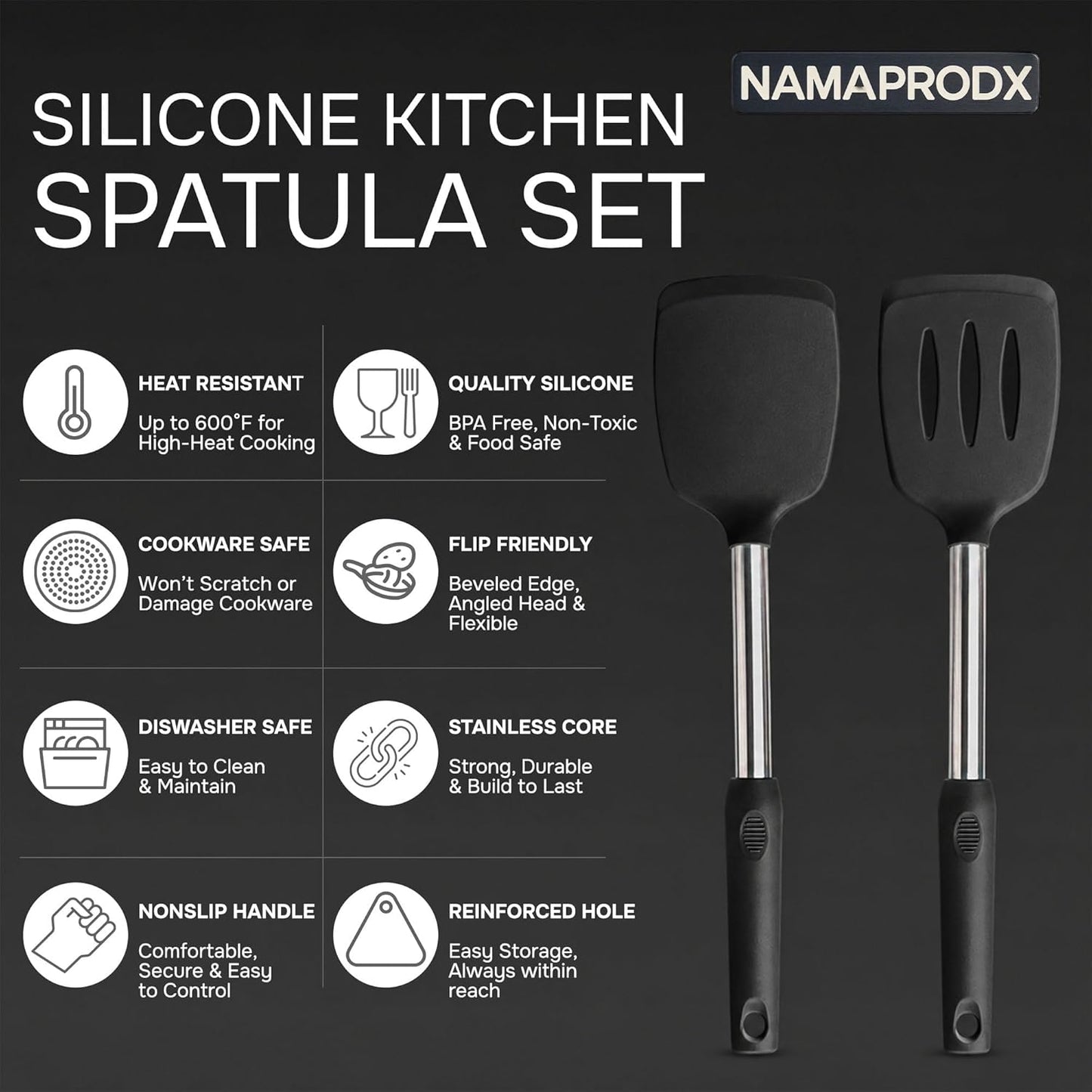 Silicone Spatula Set (2-Pc) - 600°F Heat Resistant, BPA Free, Non-Scratch, Dishwasher Safe I Slotted & Solid Kitchen Spatula Turners I Ideal for Eggs, Pancakes, Fish I Stainless Steel I Gray