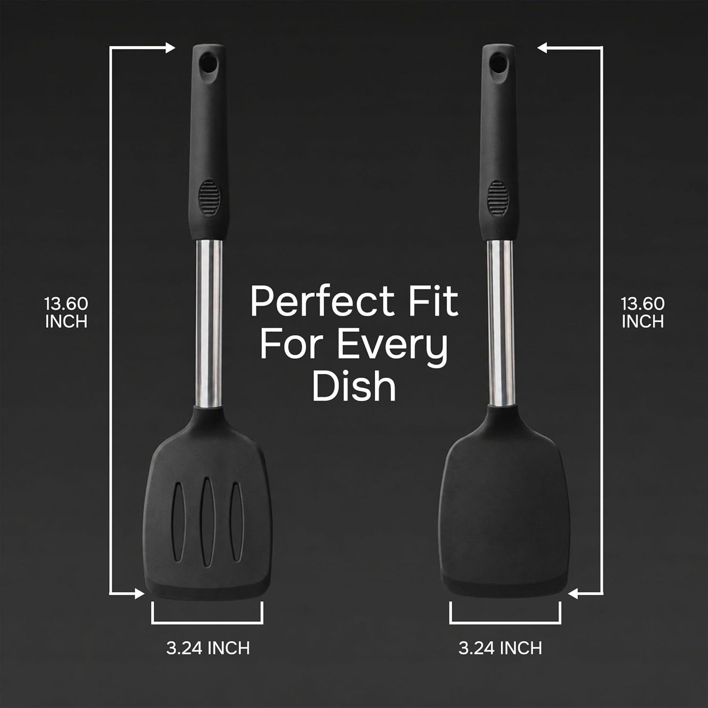 Silicone Spatula Set (2-Pc) - 600°F Heat Resistant, BPA Free, Non-Scratch, Dishwasher Safe I Slotted & Solid Kitchen Spatula Turners I Ideal for Eggs, Pancakes, Fish I Stainless Steel I Gray