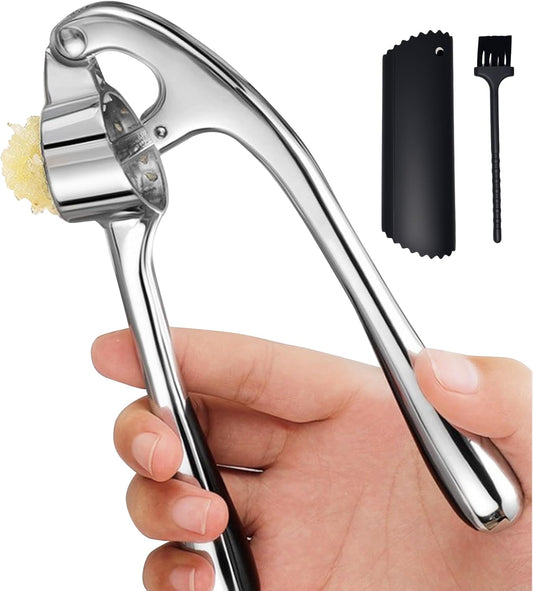 Stainless Steel Garlic Press Set Silicone Garlic Peeler & Brush, Heavy Duty Metal Garlic Mincer, Dishwasher Safe, Easy Clean (Regular Handle)