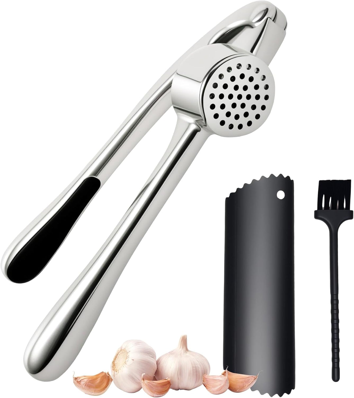Stainless Steel Garlic Press Set Silicone Garlic Peeler & Brush, Heavy Duty Metal Garlic Mincer, Dishwasher Safe, Easy Clean (Regular Handle)