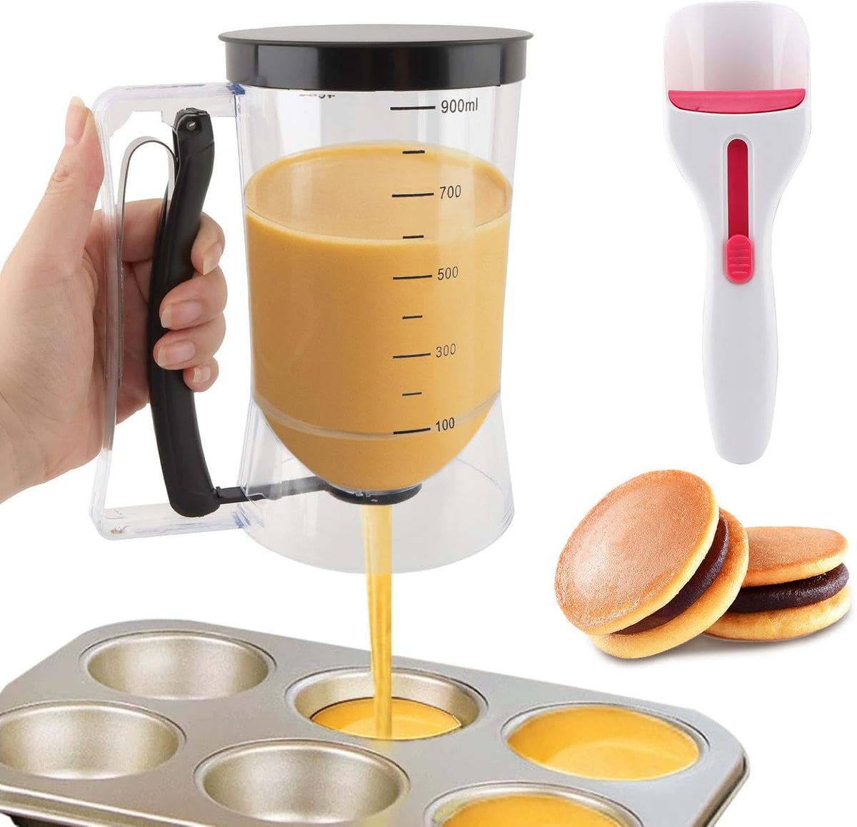 4 Cup Pancake Batter Dispenser with Cupcake Scoop Batters Dispenser,Pancake Waffl Mix Dispenser with Squeeze Handle & Measuring Marks,for Cupcake,Muffins, Crepes & Cupcakes(black)