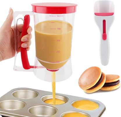 4 Cup Pancake Batter Dispenser with Cupcake Scoop Batters Dispenser,Pancake Waffl Mix Dispenser with Squeeze Handle & Measuring Marks,for Cupcake,Muffins, Crepes & Cupcakes(black)