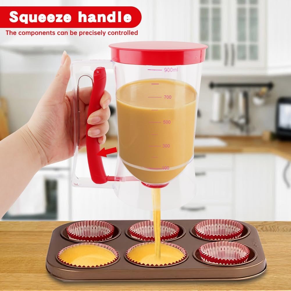 4 Cup Pancake Batter Dispenser with Cupcake Scoop Batters Dispenser,Pancake Waffl Mix Dispenser with Squeeze Handle & Measuring Marks,for Cupcake,Muffins, Crepes & Cupcakes(black)
