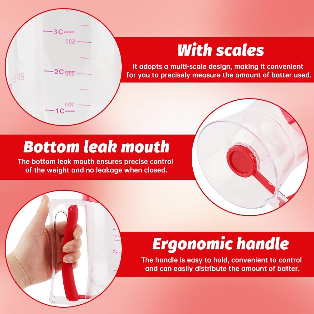 4 Cup Pancake Batter Dispenser with Cupcake Scoop Batters Dispenser,Pancake Waffl Mix Dispenser with Squeeze Handle & Measuring Marks,for Cupcake,Muffins, Crepes & Cupcakes(black)