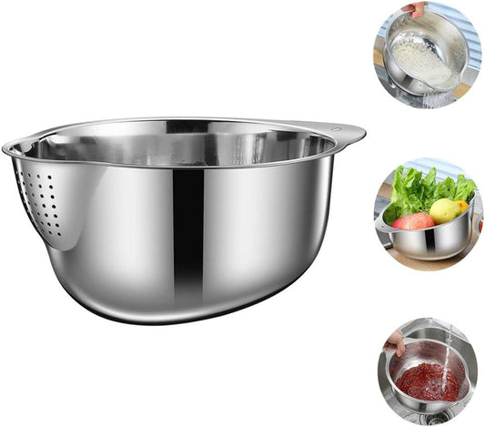 Lavvi Stainless Steel Rice Washing Bowl Versatile 3 in 1 Colander Strainer for Kitchen Vegetables Fruits Silver 9.84 in
