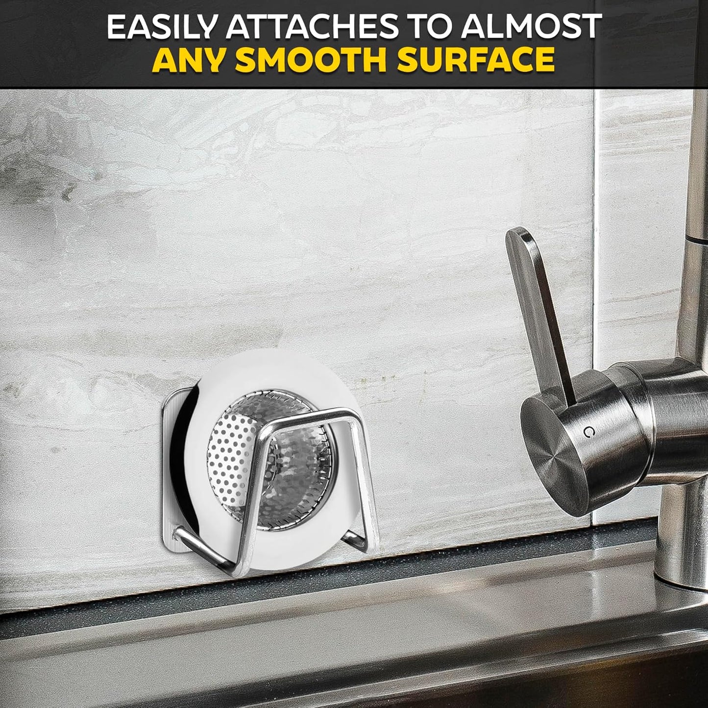 Stainless Steel Sponge Holder for Kitchen Sink, Rust-Resistant | Adhesive Kitchen Sink Sponge Holder; Holds Sponges, Brushes, Lids; Sticks to Tile, Glass, Ceramic, Metal; 1.85" Drain