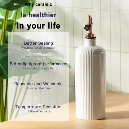 Olive Oil Dispenser Bottle Set of 2 (22 Oz + 14 Oz) - Porcelain Oil and Vinegar Bottles with Stainless Steel Spout, Ceramic Kitchen Cruet, Dishwasher Safe