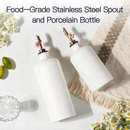 Olive Oil Dispenser Bottle Set of 2 (22 Oz + 14 Oz) - Porcelain Oil and Vinegar Bottles with Stainless Steel Spout, Ceramic Kitchen Cruet, Dishwasher Safe