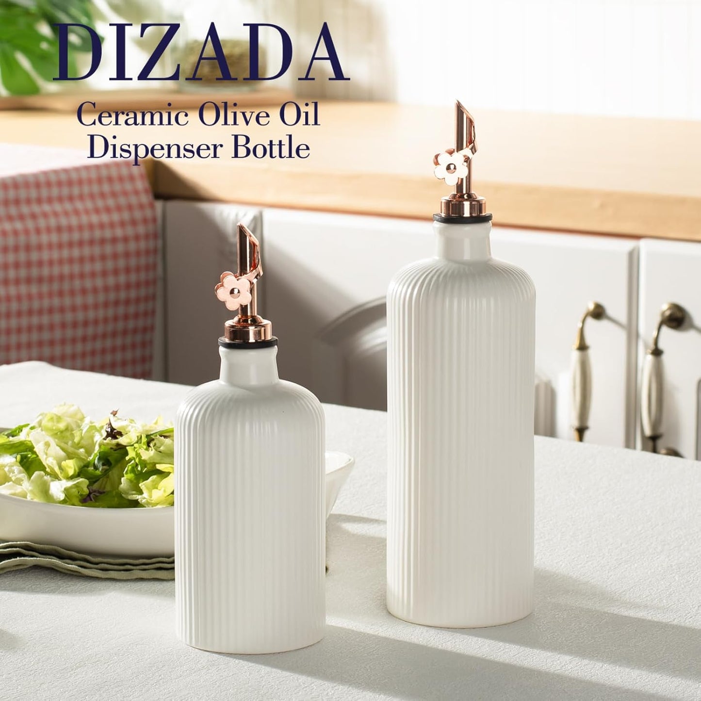 Olive Oil Dispenser Bottle Set of 2 (22 Oz + 14 Oz) - Porcelain Oil and Vinegar Bottles with Stainless Steel Spout, Ceramic Kitchen Cruet, Dishwasher Safe