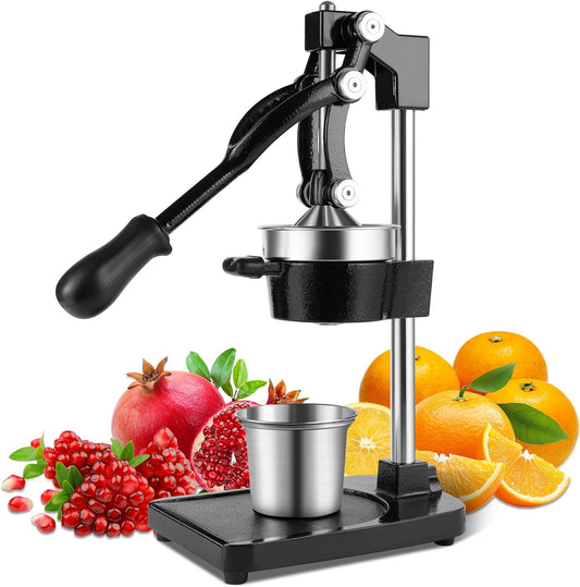 Cast Iron Manual Juicer Hand Press, Lemon Squeezer, Commercial-Grade Citrus Press Suitable for Oranges, Lemons, Limes, and Pomegranates Easy to Clean Includes Stainless Steel Cup, Black