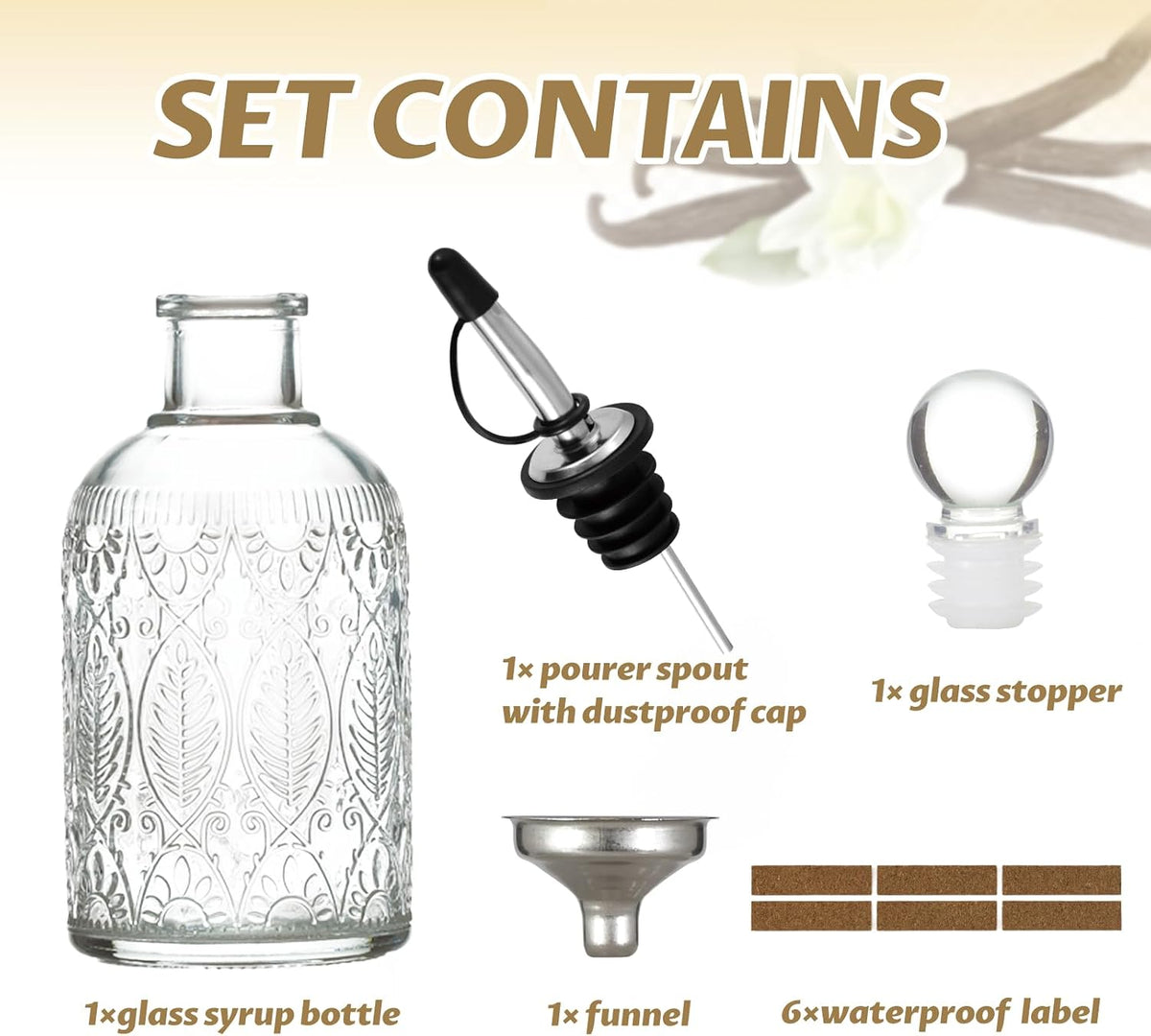 Retro Glass Syrup Dispenser Bottle 7oz, Oil and Vinegar Cruet with Stainless Steel Pour Spout, Labels, Funnel & Stopper(Leaf)