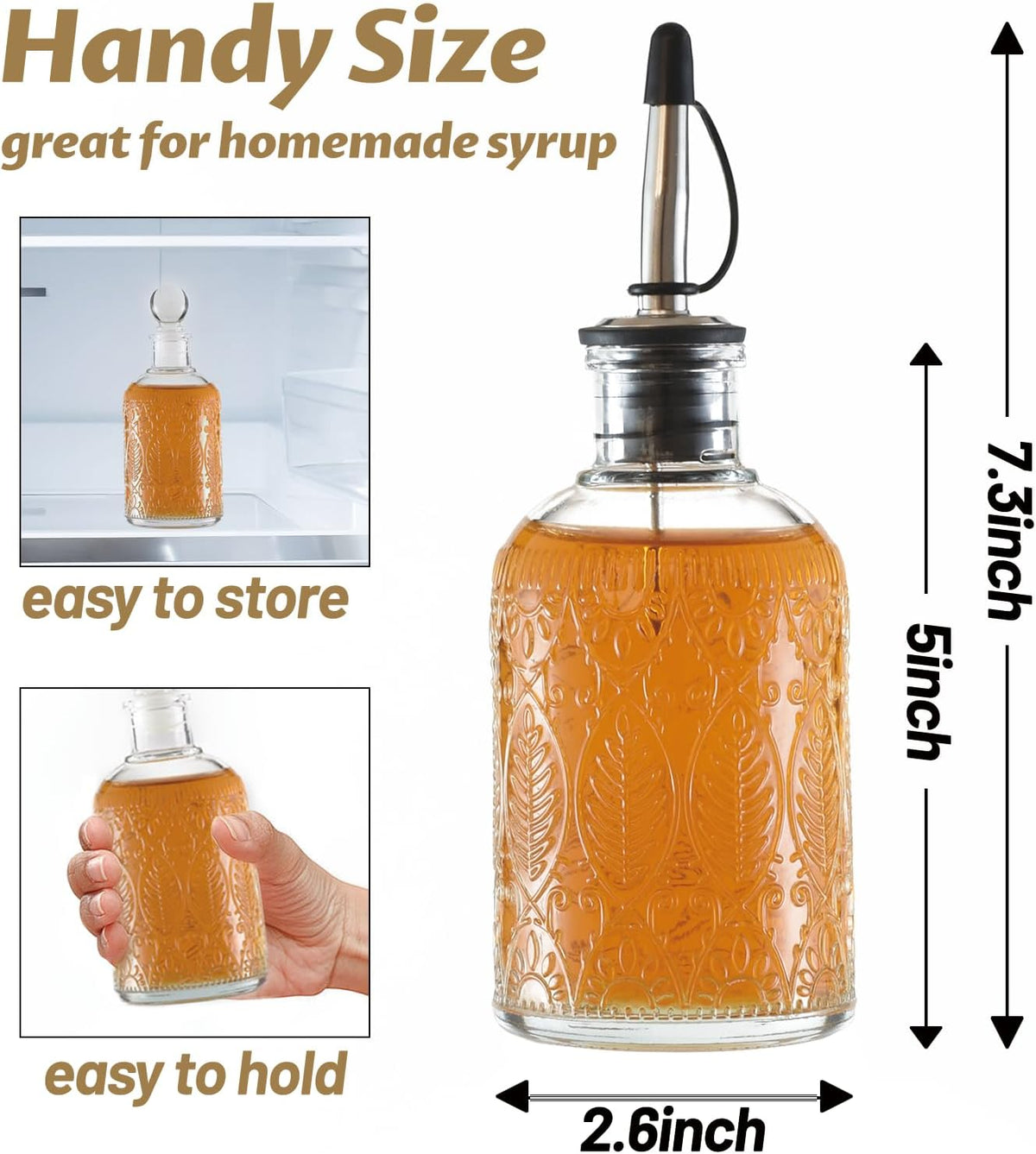 Retro Glass Syrup Dispenser Bottle 7oz, Oil and Vinegar Cruet with Stainless Steel Pour Spout, Labels, Funnel & Stopper(Leaf)
