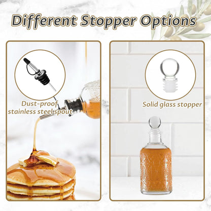 Retro Glass Syrup Dispenser Bottle 7oz, Oil and Vinegar Cruet with Stainless Steel Pour Spout, Labels, Funnel & Stopper(Leaf)