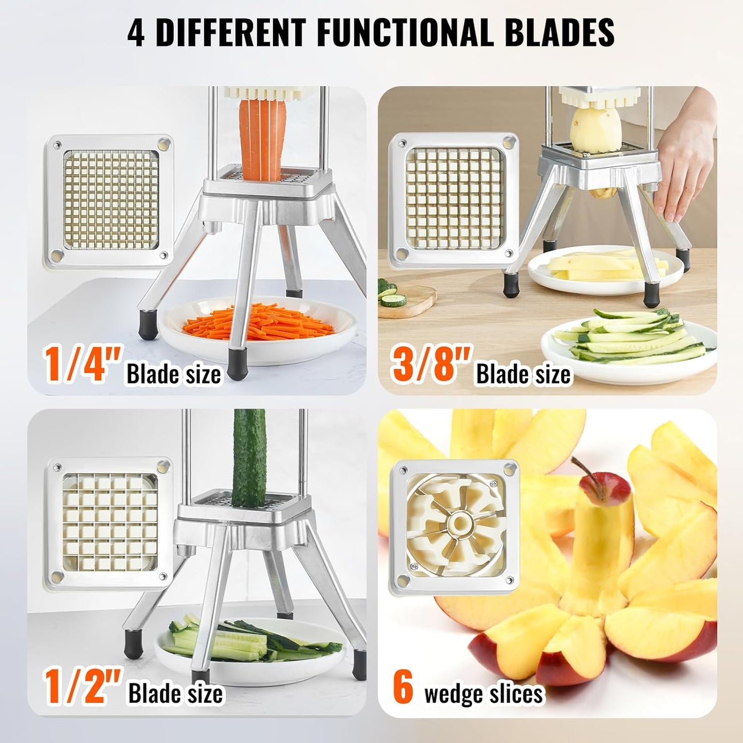 Commercial Vegetable Chopper w/ 4 Replacement Blades, Stainless Steel French Fry Cutter Potato Dicer & Fruit Slicer for Restaurants & Home Kitchen