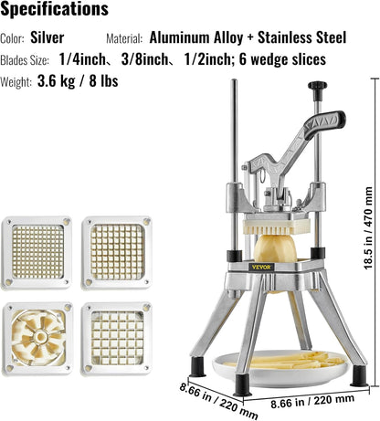 Commercial Vegetable Chopper w/ 4 Replacement Blades, Stainless Steel French Fry Cutter Potato Dicer & Fruit Slicer for Restaurants & Home Kitchen