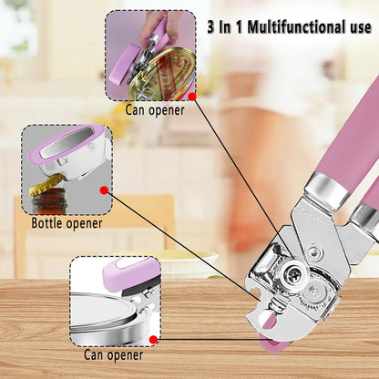 Manual Can Opener, Stainless Steel Smooth Edge Hand Held Can Opener, Heavy Duty Multifunctional Bottle Opener With Easy Turn Knob