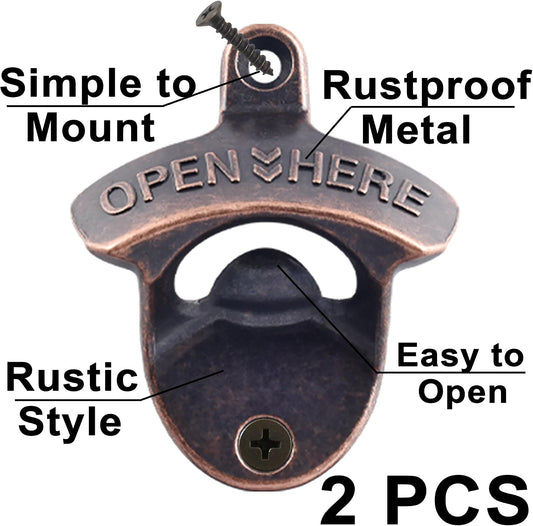 Vintage Copper Bottle Cap Opener Wall Mount, Retro Beer Bottle Opener with Screws for Homes Kitchen (Pack of 2)