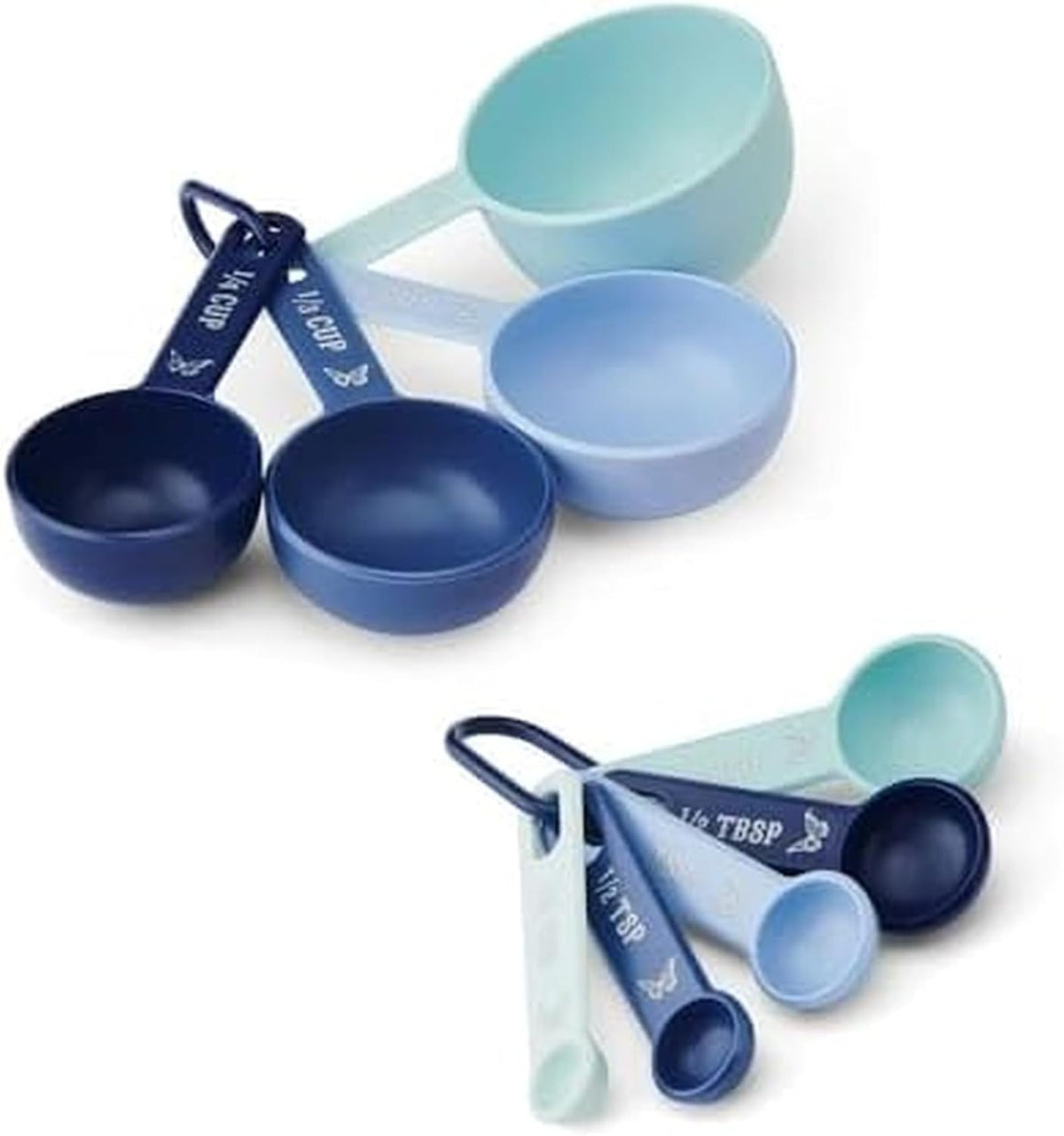 Measuring Cups and Spoons Set, Blue with Butterfly Accents, Easy-Read Markings, Nesting Design with Ring, 1/4 tsp to 1 Cup, Baking and Cooking Essential, 9 Piece