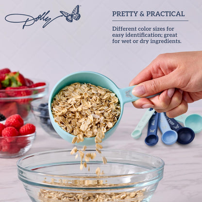 Measuring Cups and Spoons Set, Blue with Butterfly Accents, Easy-Read Markings, Nesting Design with Ring, 1/4 tsp to 1 Cup, Baking and Cooking Essential, 9 Piece