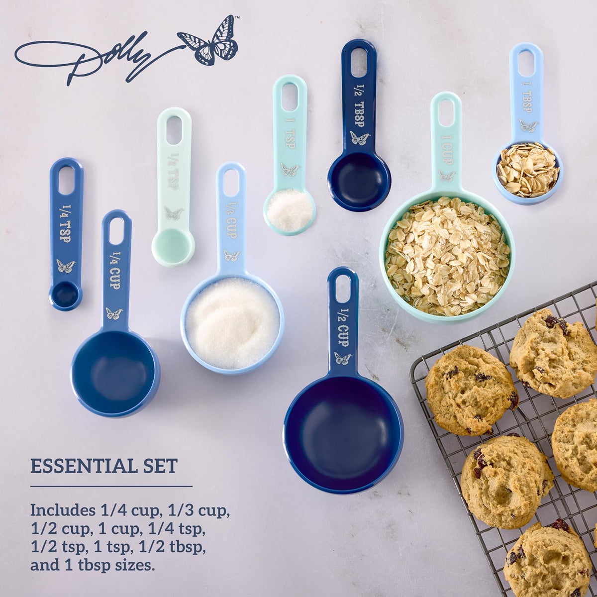 Measuring Cups and Spoons Set, Blue with Butterfly Accents, Easy-Read Markings, Nesting Design with Ring, 1/4 tsp to 1 Cup, Baking and Cooking Essential, 9 Piece