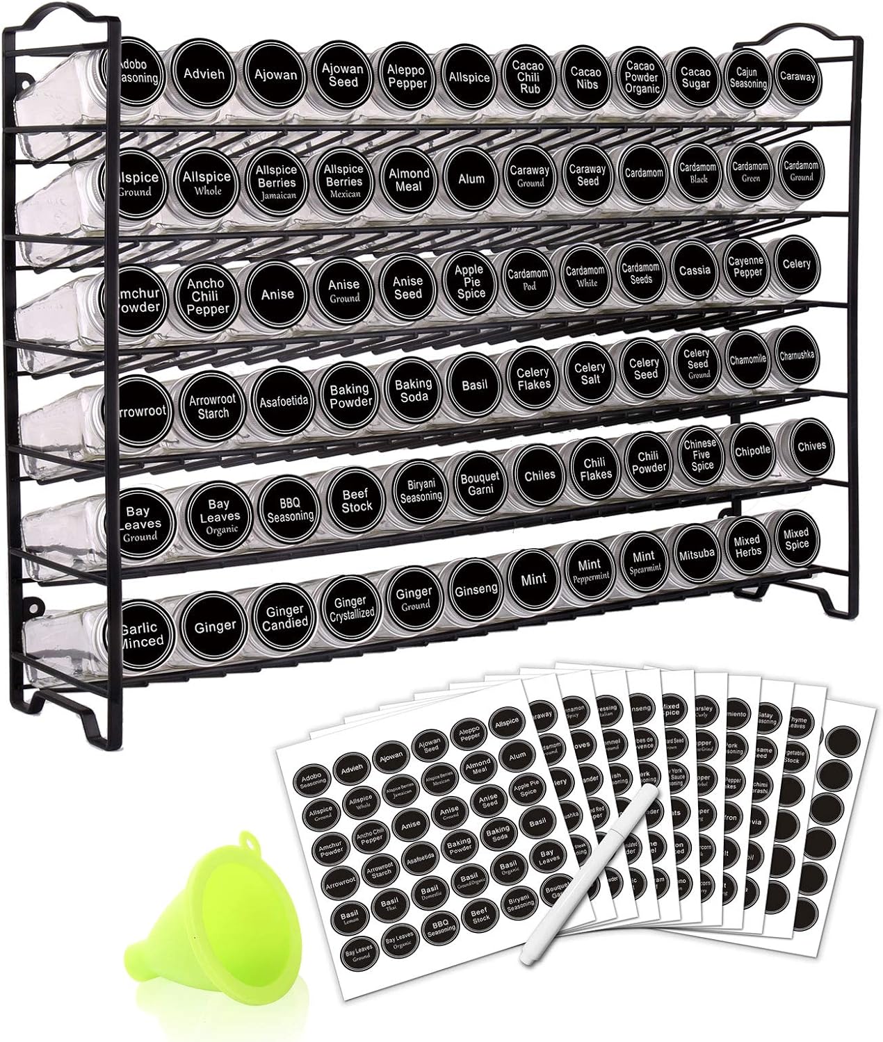 Spice Rack Organizer with 72 Spice Jars 4 oz, 396 Spice Labels | Chalk Marker, Funnel Set, Spice Organizer for Countertop, Pantry, Cabinet, Cupboard & Wall Mount, 22.2" W × 16.5" H, Black