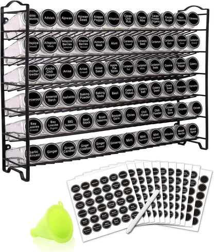 Spice Rack Organizer with 72 Spice Jars 4 oz, 396 Spice Labels | Chalk Marker, Funnel Set, Spice Organizer for Countertop, Pantry, Cabinet, Cupboard & Wall Mount, 22.2" W × 16.5" H, Black