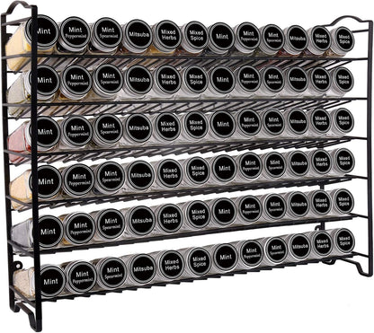Spice Rack Organizer with 72 Spice Jars 4 oz, 396 Spice Labels | Chalk Marker, Funnel Set, Spice Organizer for Countertop, Pantry, Cabinet, Cupboard & Wall Mount, 22.2" W × 16.5" H, Black