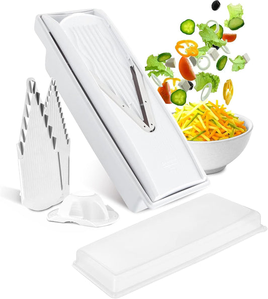 V-Prep™ Mandoline Slicer – Versatile Kitchen Slicer for Julienne, Shred, Cube & Slice – Includes Multi-Function Bowl & Safety Holder – Essential Kitchen Gadget – White