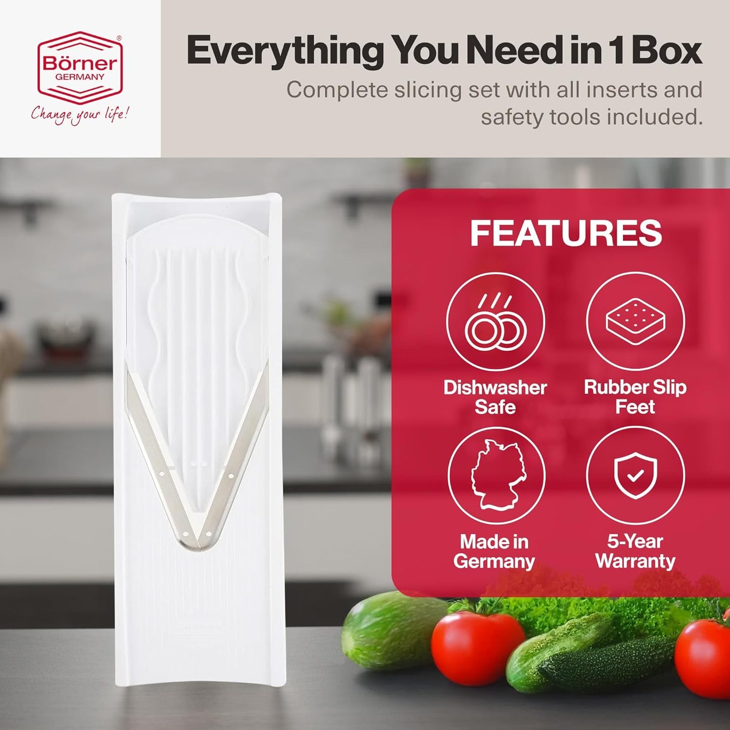 V-Prep™ Mandoline Slicer – Versatile Kitchen Slicer for Julienne, Shred, Cube & Slice – Includes Multi-Function Bowl & Safety Holder – Essential Kitchen Gadget – White