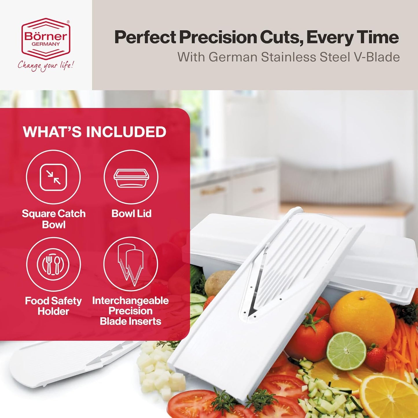 V-Prep™ Mandoline Slicer – Versatile Kitchen Slicer for Julienne, Shred, Cube & Slice – Includes Multi-Function Bowl & Safety Holder – Essential Kitchen Gadget – White