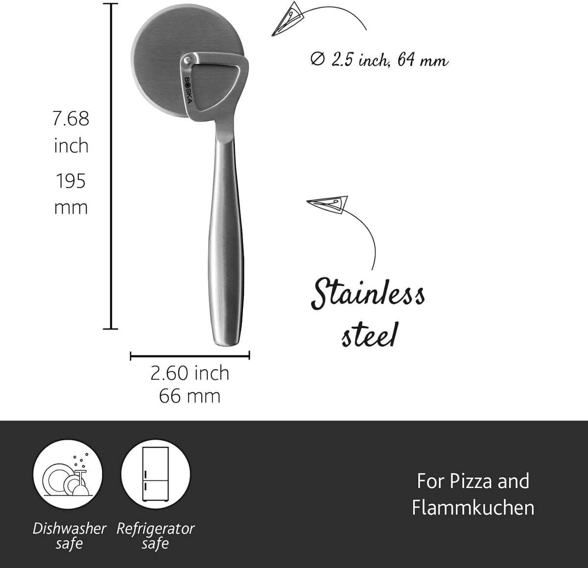 Stainless Steel Pizza Cutter - Copenhagen Multifunctional Pizza Wheel Cutter - Handheld Food Slicer - Silver Non-Stick Adjustable Roller - Dishwasher Safe - for Kitchen Cooking
