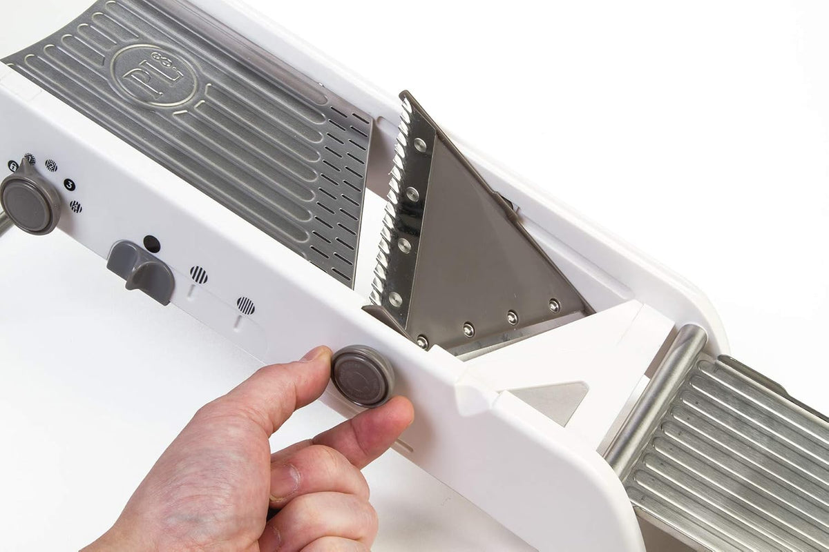 Professional Mandoline - Versatile Slicer with Adjustable Straight, Waffle, and Julienne Blades, Extra-Wide Stainless Steel Deck, Safety Hand Guard, Non-Skid Feet, and Space-Saving Design