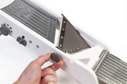 Professional Mandoline - Versatile Slicer with Adjustable Straight, Waffle, and Julienne Blades, Extra-Wide Stainless Steel Deck, Safety Hand Guard, Non-Skid Feet, and Space-Saving Design